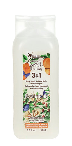 Belcam Bath Therapy Botanicals 3-in-1 Body Wash, Bubble Bath and Shampoo Honeysuckle & Peach 98 mL-3 fl oz